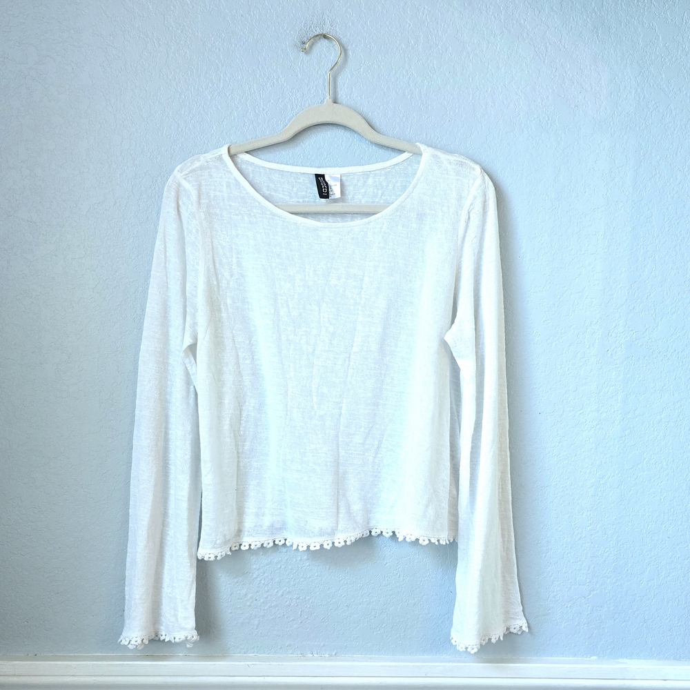 H&M White Sheer, Lace-Trim Long Sleeve Top